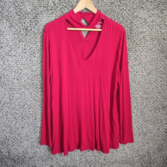 Lane Bryant Top Womens Plus 14/16 Red V Neck Long Sleeve‎ Stretch Rayon Tunic - Picture 1 of 7